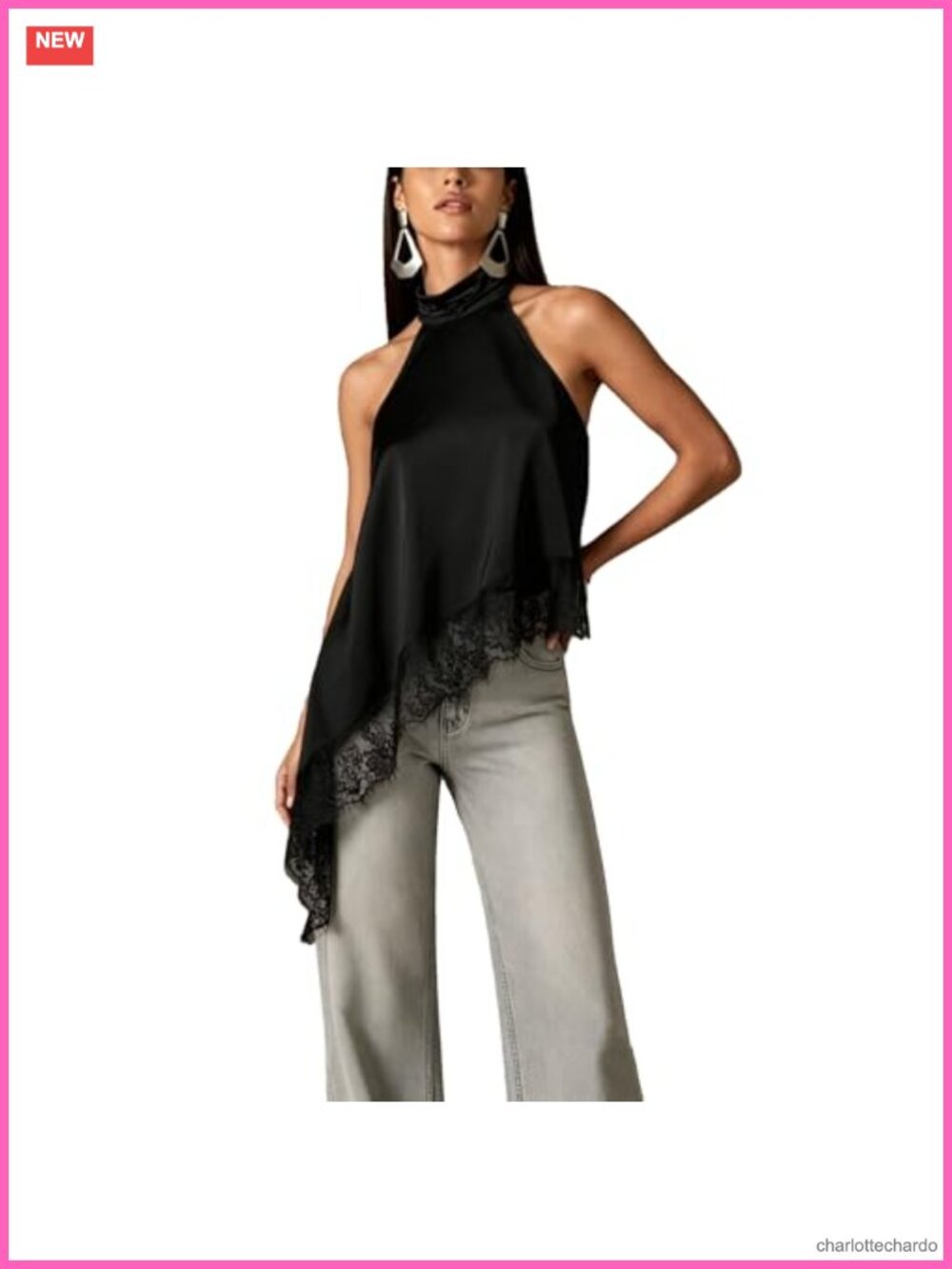 Satin Halter Mock Neck Lace Trim Asymmetrical Hem Sleeveless Crop Tank Top